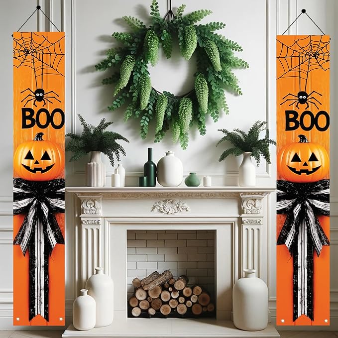 2PCS Halloween Porch Banner Boo Spider Pumpkin Signs 71 x 12 Inch Halloween Front Door Hanging Decor Outdoor Indoor Wall Decorations for Party Entryway Supplies
