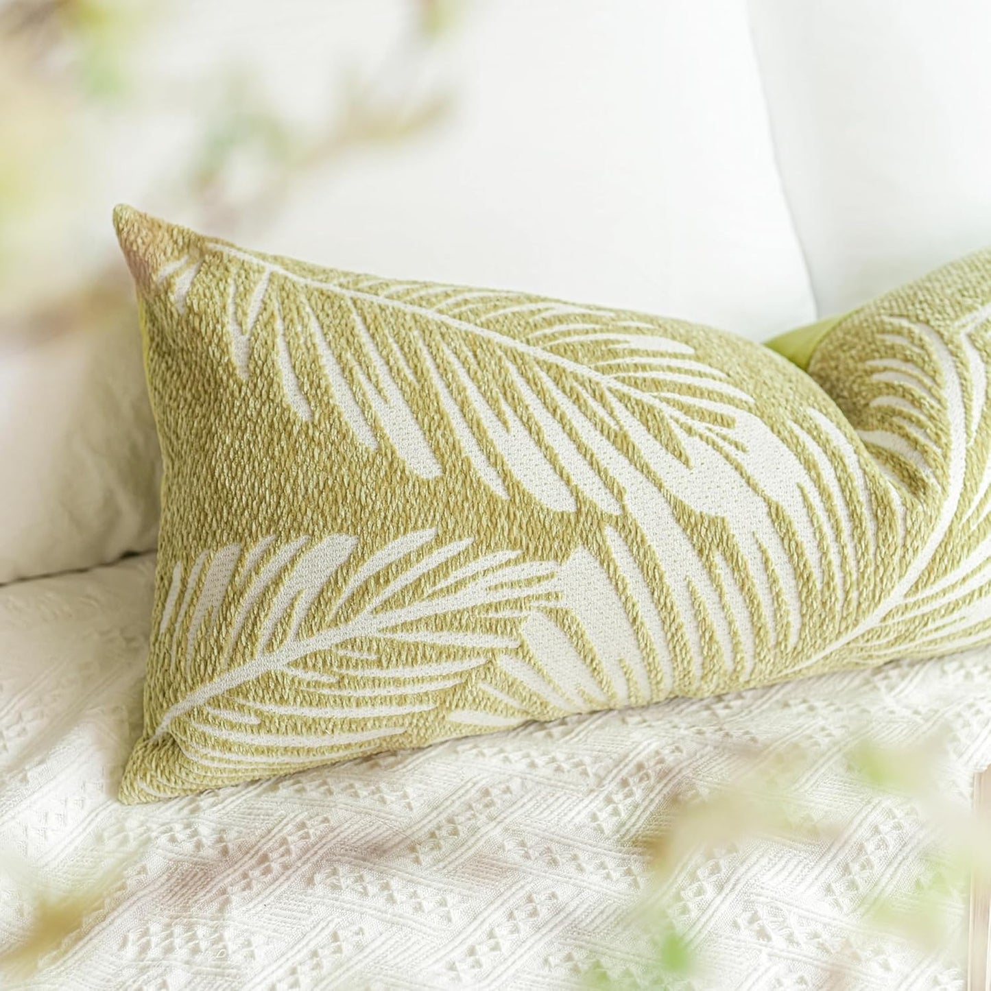 BlissBlush Green Boho Lumbar Throw Pillow Cover 14X36, Decorative Long Accent Body Lumbar Pillow for Bed, Farmhouse Woven Textured Lumbar Pillowcase for Couch (Cover ONLY)