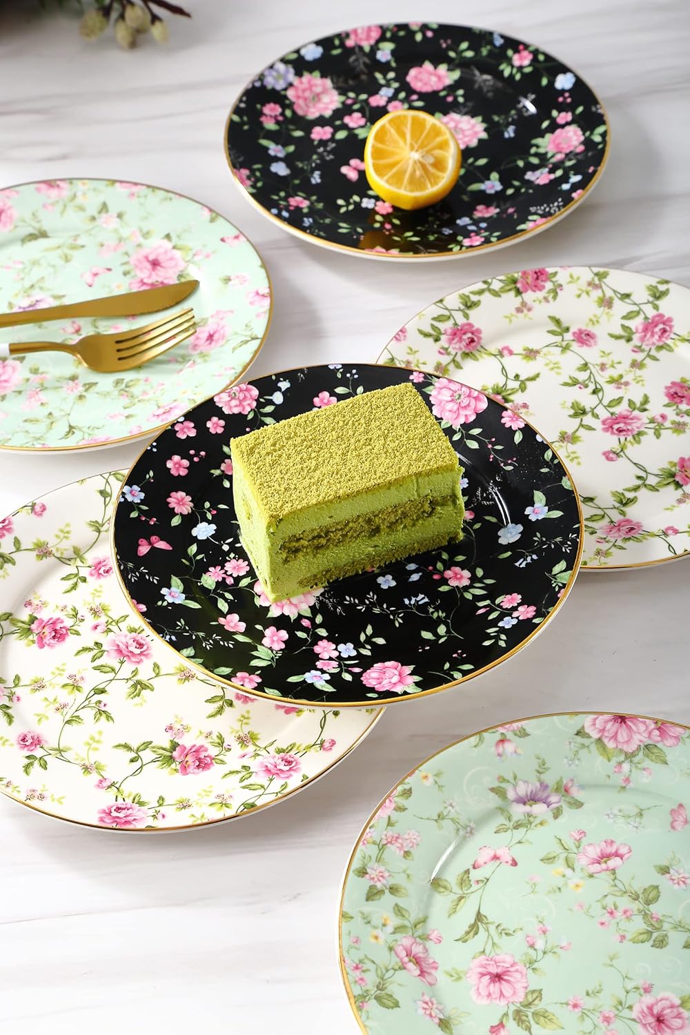 Floral Dessert Plates, Set of 6-8 Inch Ceramic Appetizer Plates with Gold Trim, Vintage Floral Design for Salad, Tea Party & Dinner