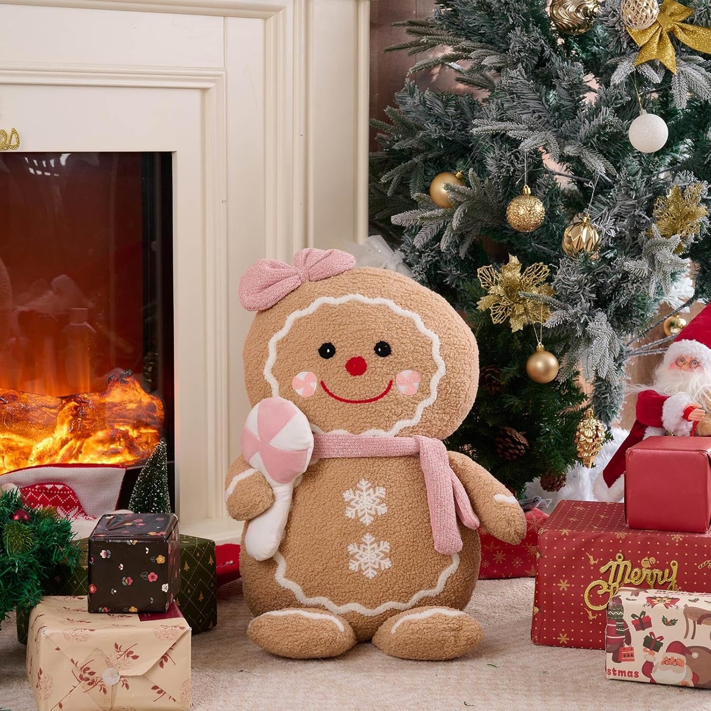 Lanpn Christmas Gingerbread Girl Pillow, Christmas Decoration Winter Throw Pillows Soft Fleece Sherpa Cute 3D Shaped Ginger Bread Lady Throw Cushion for Sofa Bedroom Xmas Decor (18x27 inch)