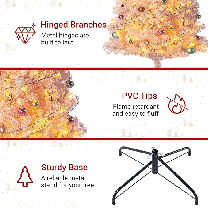 4.5ft Prelit Pink Artificial Christmas Tree with 100 Warm White LED Light, Full Snow Flocked Xmas Tree Featuring 400 Realistic Branch, Easy Hinged Assembly for Home Office Party Decoration