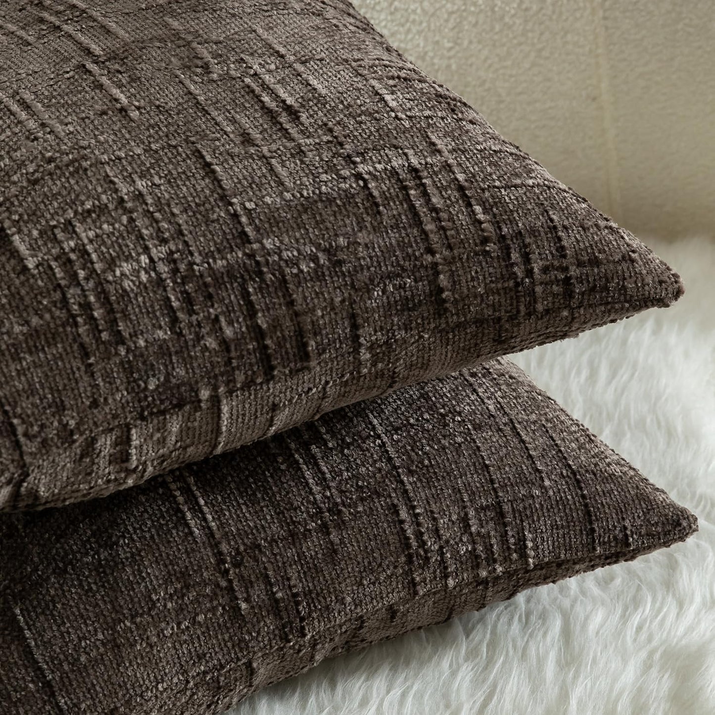 MANDIOO Pack of 2 Soft Chenille Textured Throw Pillow Covers Square Accent Solid Decorative Cushion Cover Cozy Farmhouse Pillow Case for Couch Sofa Bed Living Room 22x22 Inch Coffee