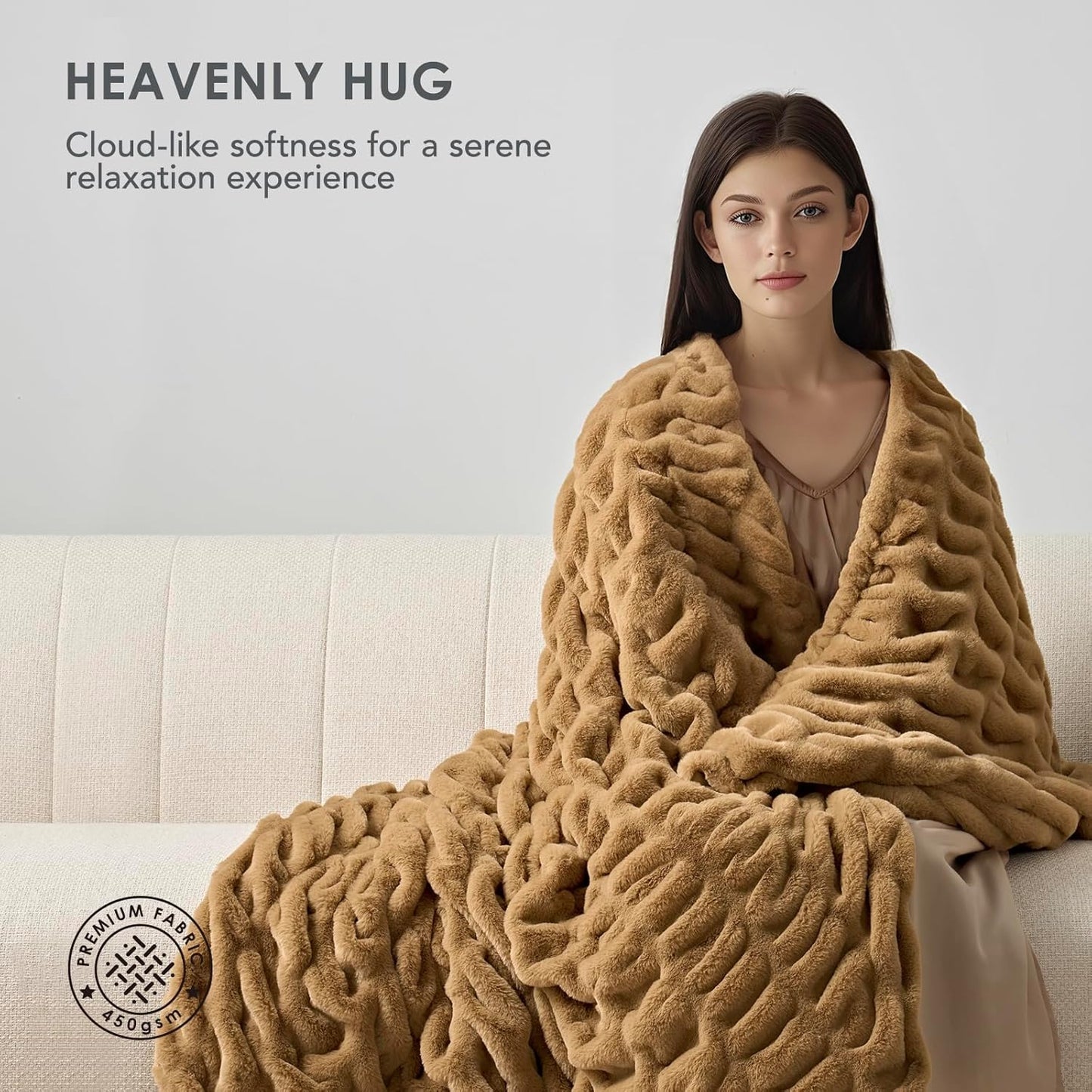 EVERGRACE Luxurious Soft Faux Rabbit Fur Throw Blanket, Cozy Fuzzy Plush Warm Throws for Couch Bed Sofa Chair Home Decor, Ruched Bubble Fluffy Blanket with Reversible Velvet, 50" x 60", Camel