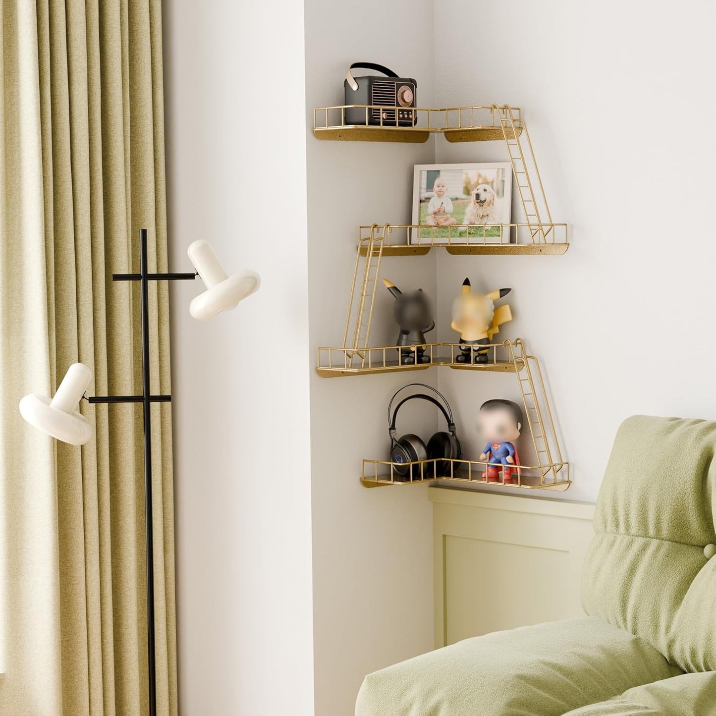 Fire Escape Wall Shelf - Modern City Style 4-Tier Corner Wall Shelves, Easy to Install Metal Ladder Shelf for Figures, New York Decorative Shelves for Bathroom, Living Room & Home Decor,Gold