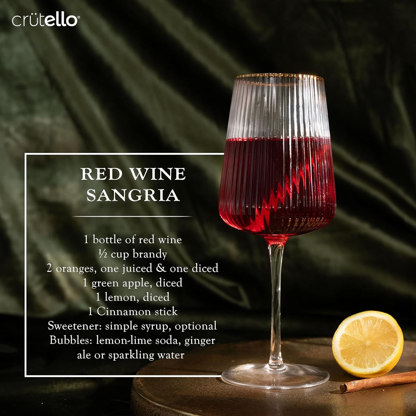 Crutello Modern Wine Glasses - 17 oz Unique Fluted Glassware with Vintage Ribbed Glassware Texture and Gold Rim, Art Deco Red or Fancy White Wine Glasses - Set of 4