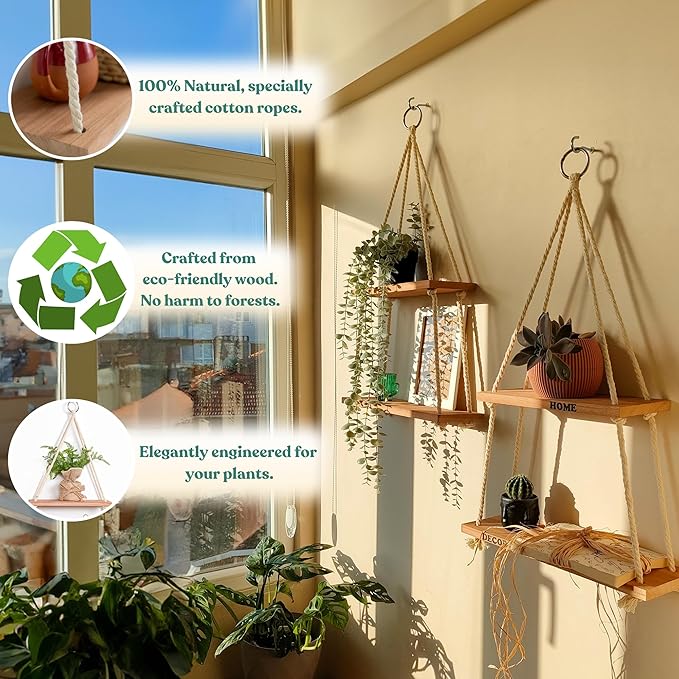 Hanging Shelves for Wall - Boho Room Decor Aesthetic - Hanging Plant Shelf Decor - Floating Shelves for Room Wall - Rope Shelves for Bedroom Aesthetic, Boho Decor Wall Hanging Shelves for Living Room