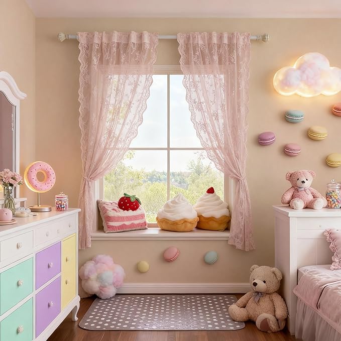 MEETSKY Pink Lace Curtains 54 Inch Length Set of 2 Vintage Victorian French Pretty Elegant for Girls Room Light Filtering Privacy Protect Back Tab Rod Pocket Sheer Drapes, 50"W Each Panel, Light Pink