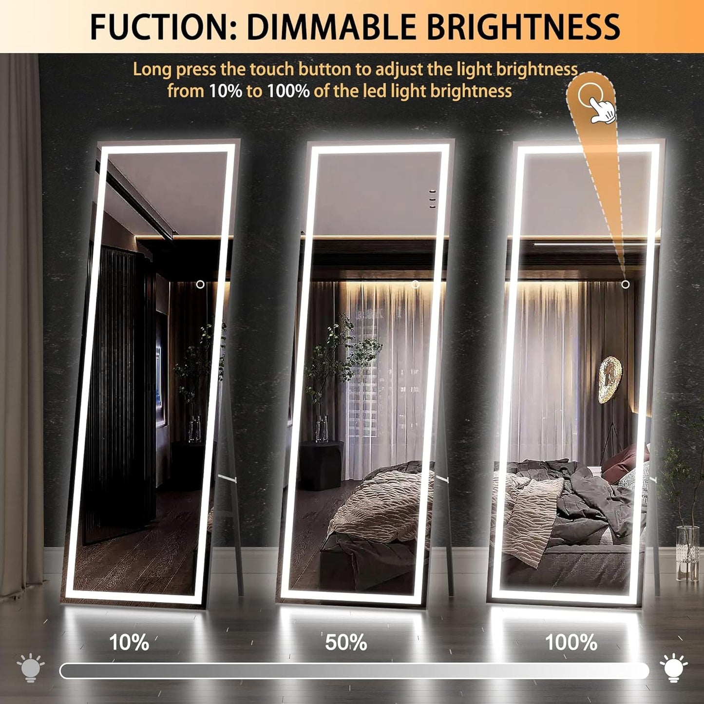 Hasipu Full Length Mirror with Lights, 56" x 15.8" LED Floor Mirror, Full Body Dressing Standing, Hanging Mounted Mirror for Living Room Bedroom Cloakroom, Square Black