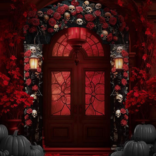3 Pcs Halloween Cemetery Archway Halloween Cemetery Banners Gothic Outdoor Banners Sign Banner Decorations for Outdoor Party Supplies (Skull Rose)