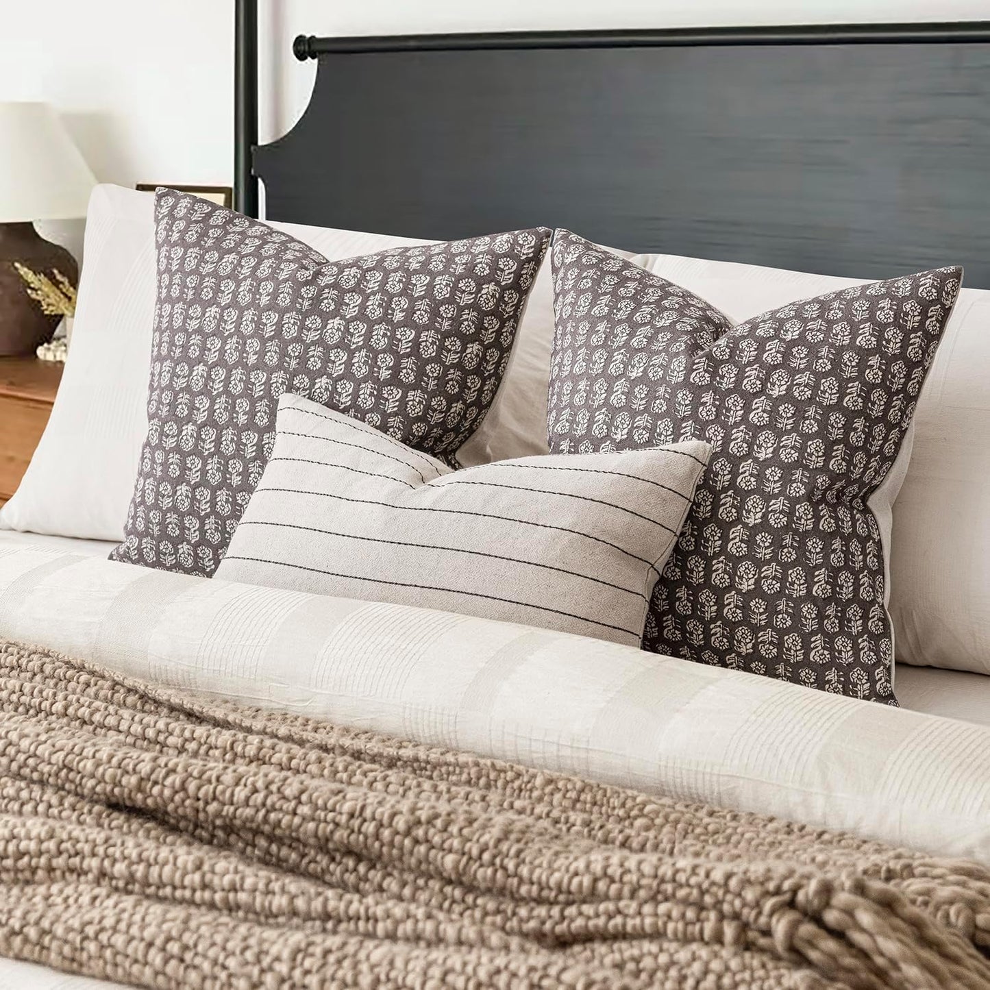 Foindtower Set of 2 Decorative Neutral Floral Print Throw Pillow Covers Vintage Accent Farmhouse Cushion Covers Boho Home Decor for Sofa Couch Chair Bedroom Living Room,20×20 Inch,Rustic Gray