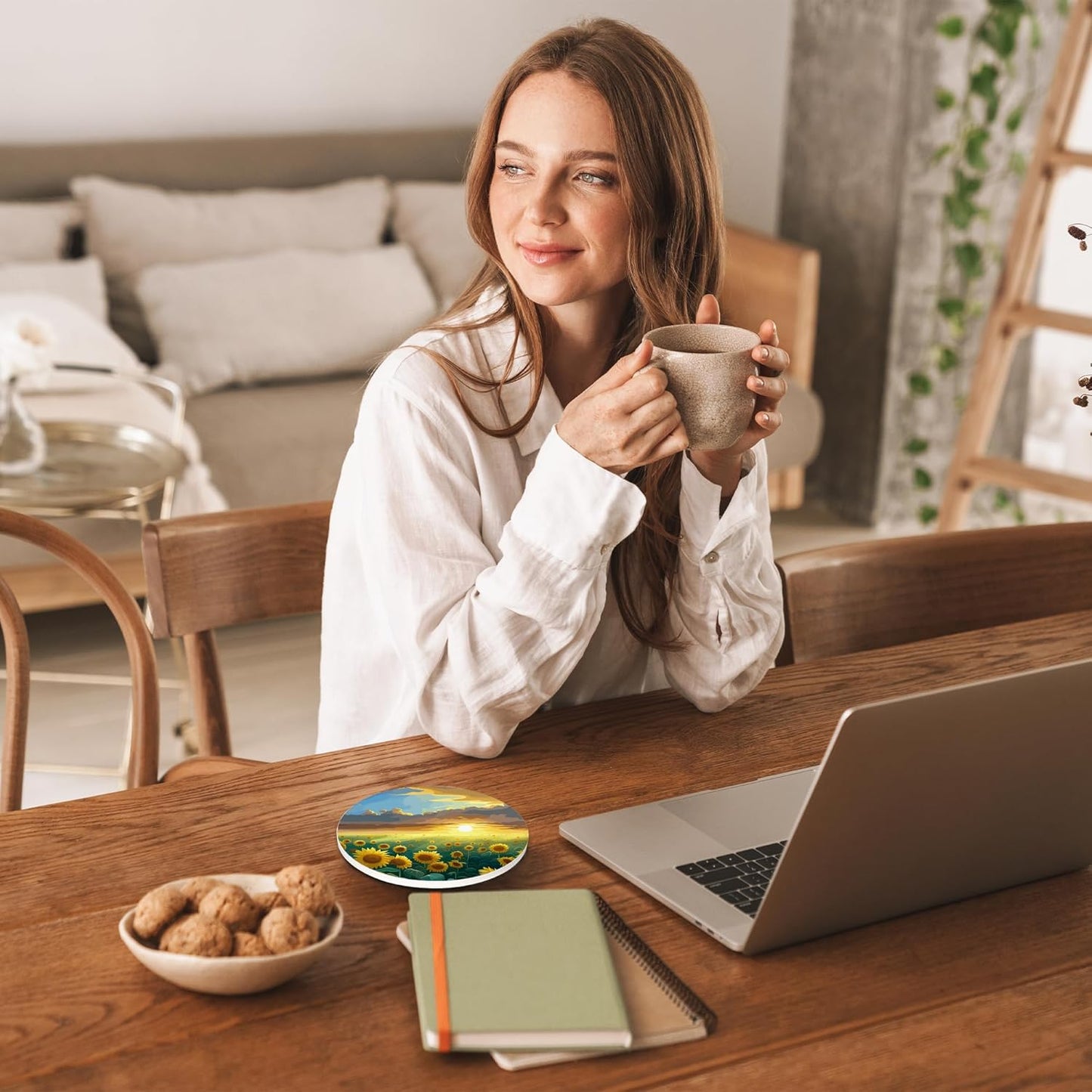 Drinks Coasters Set of 4, Sunflower Round 4" Cup Coasters, Absorbent Ceramic Stone Coasters with Cork Base, Cute Coasters for Table Home Décor, Ideal Gifts for Women Men