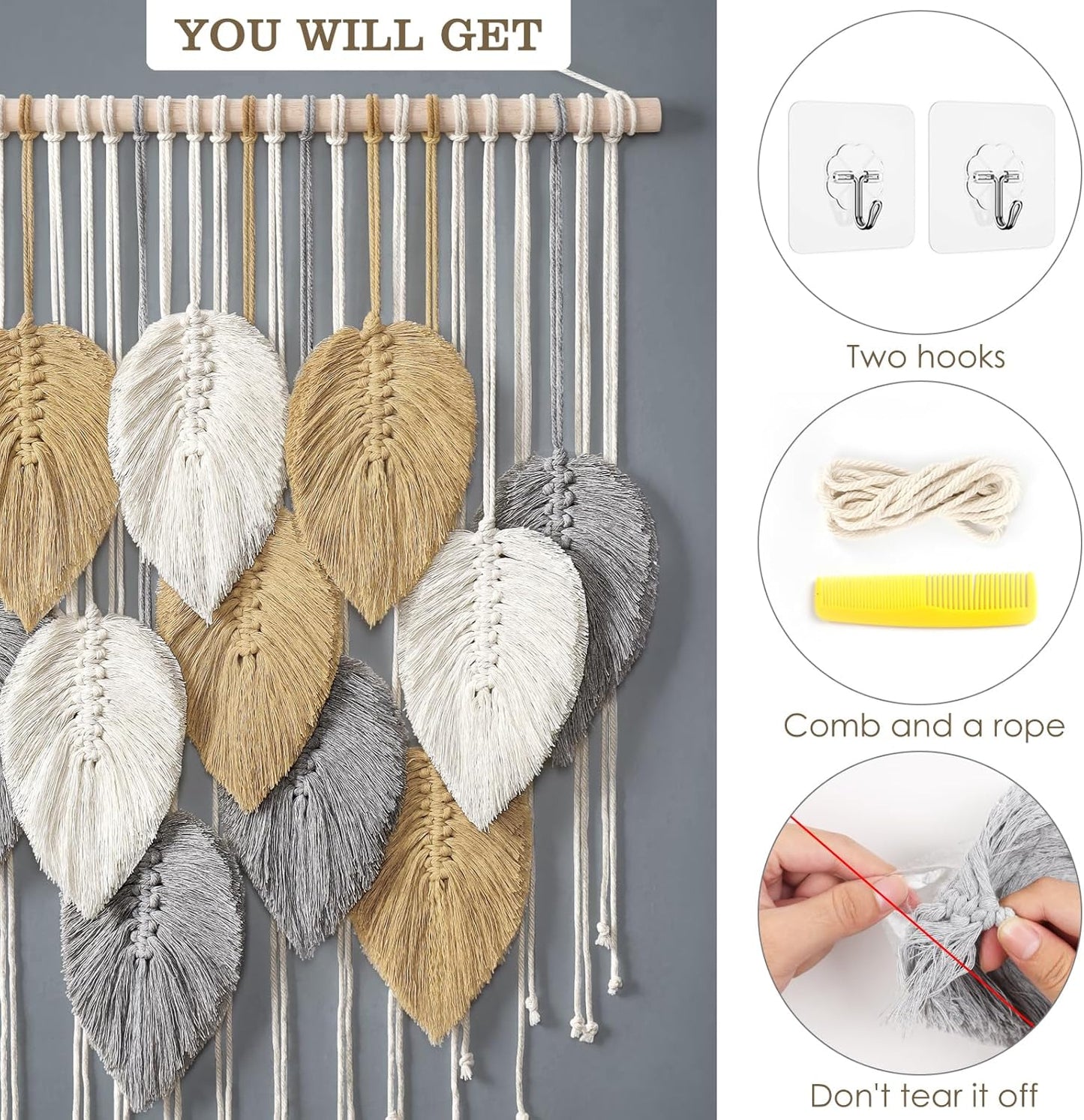 LOMOHOO Macrame Wall Hanging Leaves Boho Wall Decor Bohemian Handmade Woven Wall Art Decoration for Bedroom Living Room Apartment Dorm Gallery Perfect Handmade Gift Ideas 23.6" W x 30.7" L