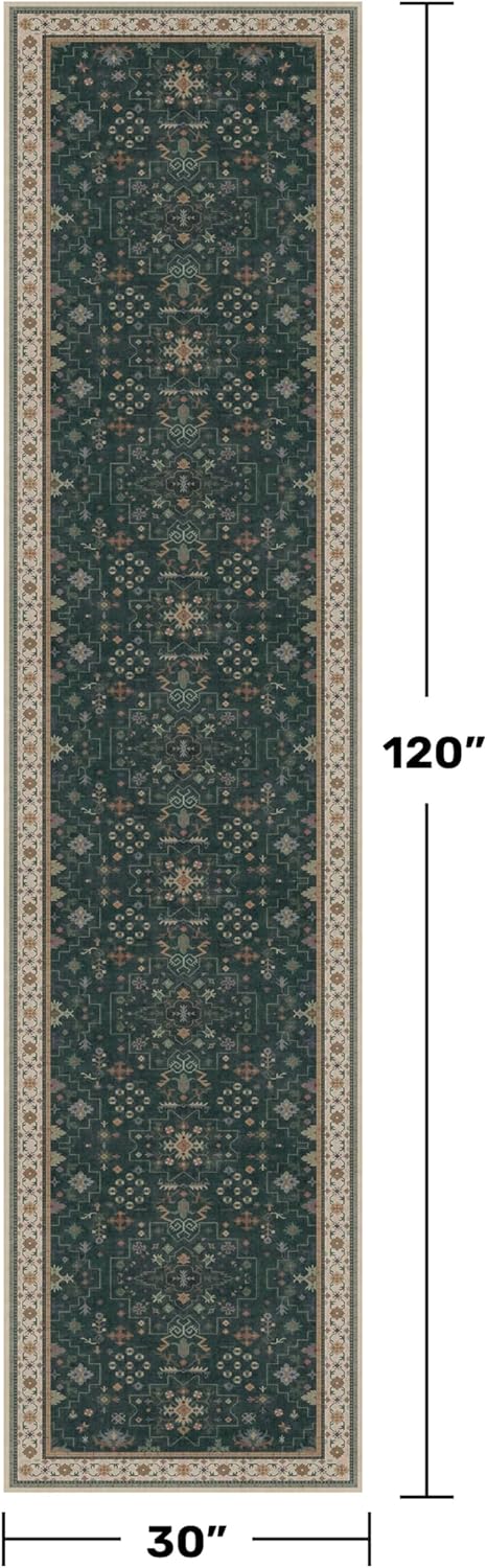 Dark Green Washable 2'6"x10' Long Runner Rugs for Hallway, Non Skid 10ft Indoor Rugs for Entryway, Stain Resistant Low Pile Carpet Boho Indoor Décor