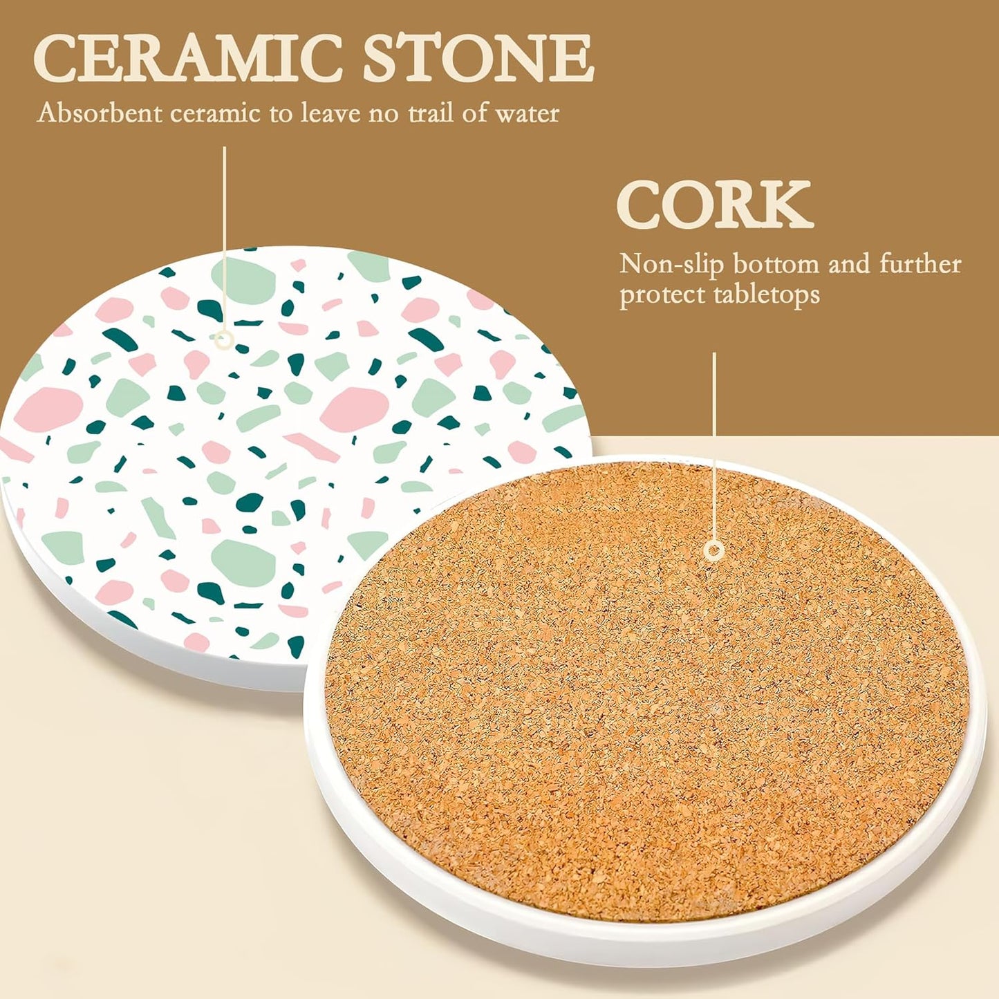 Drink Coasters with Holder,6 Pcs Terracotta Polka Dots Design, Water-Absorbent Beverage Pads for Dining Table Decor & Glass Protection