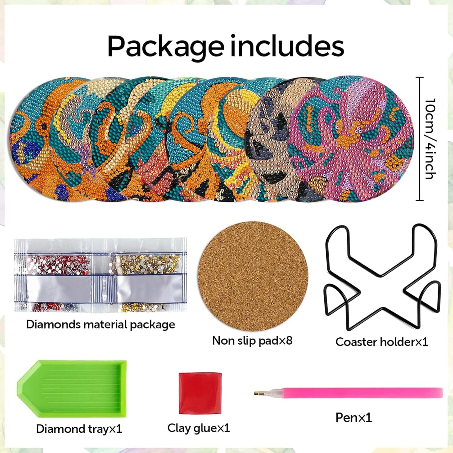 Leatrice 8 Pcs Octopus Diamond Art Coasters Small Diamond Painting Kits for Adults Beginners Women, Gem Art Coasters with Holder, Funny DIY Crafts for Home Decor