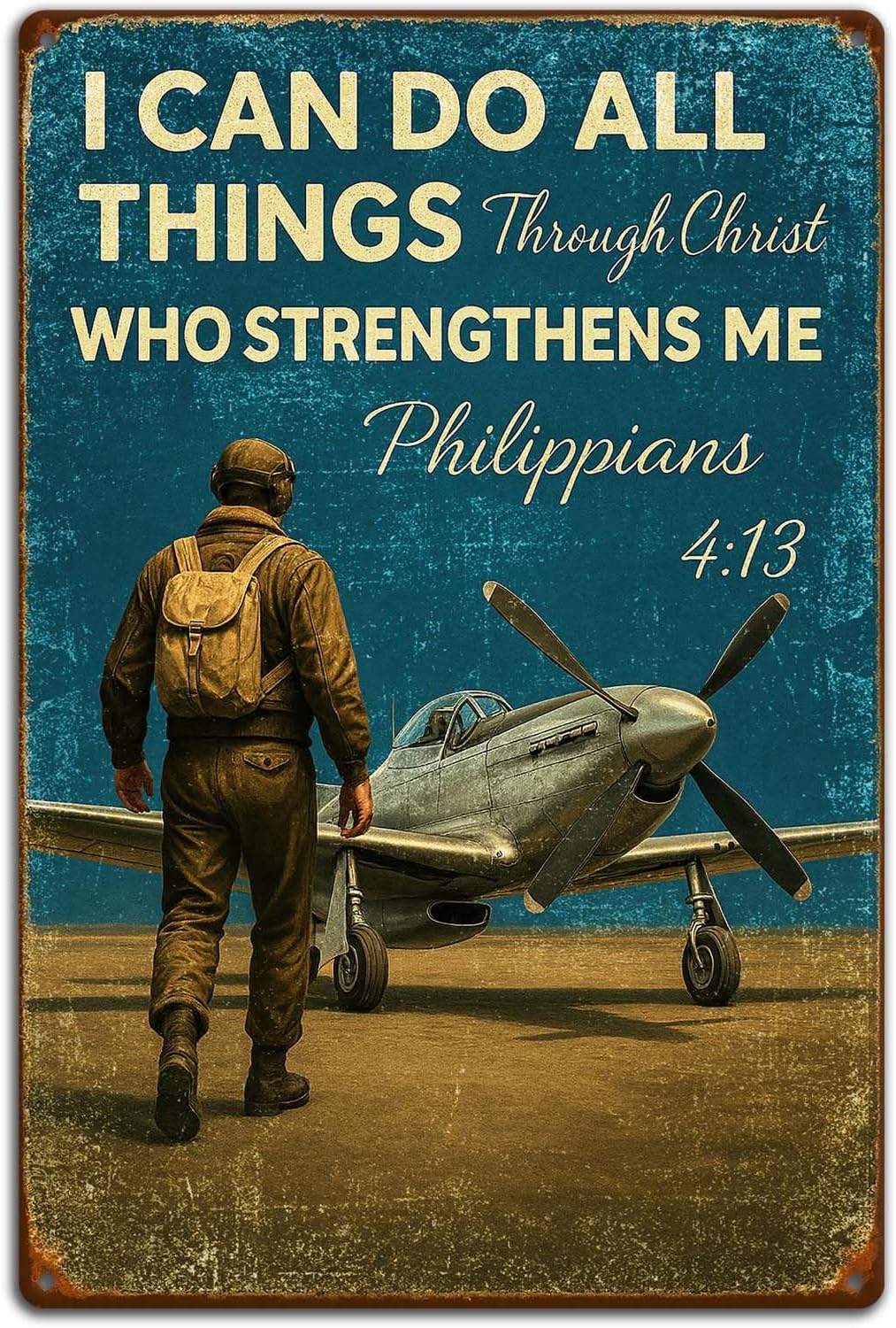 Inspirational Vintage Airplane Wall Decor – “I Can Do All Things Through Christ” Retro Tin Sign for Boys Room, Aviation Lovers, or Man Cave – 8x12 Inch Christian Metal Wall Art