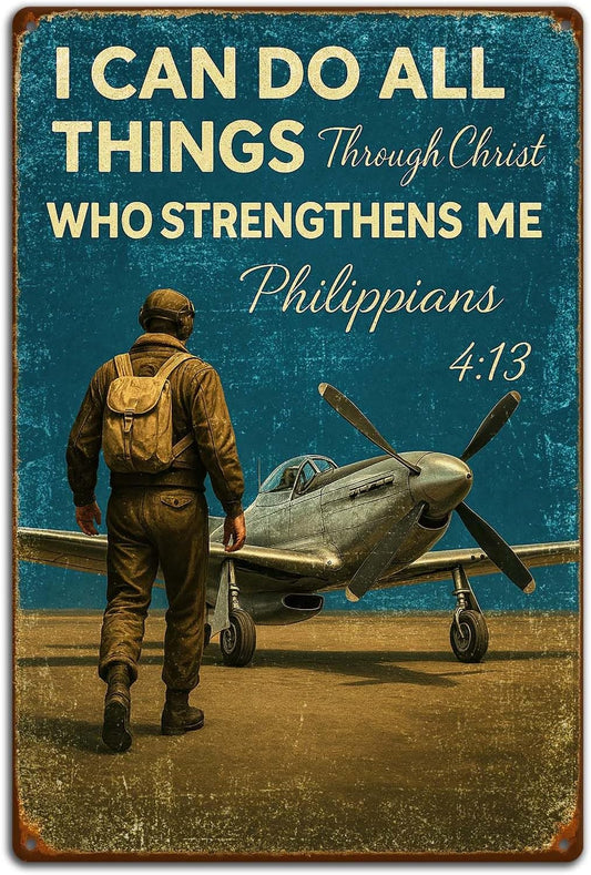 Inspirational Vintage Airplane Wall Decor – “I Can Do All Things Through Christ” Retro Tin Sign for Boys Room, Aviation Lovers, or Man Cave – 8x12 Inch Christian Metal Wall Art