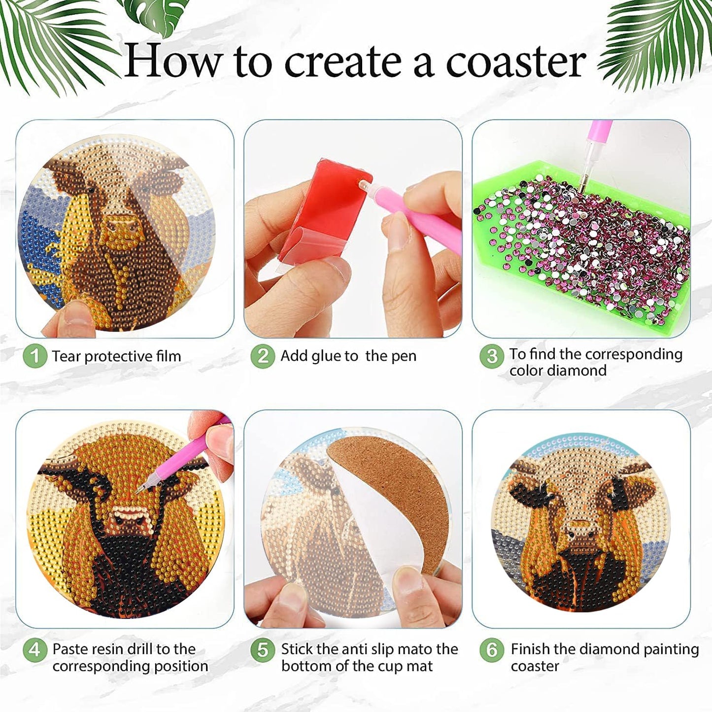 Leatrice 8PCS Cow Diamond Art Coasters Small Diamond Painting Kits for Adults Beginners Women Gem Art Coasters with Holder Funny DIY Crafts for Home Decor