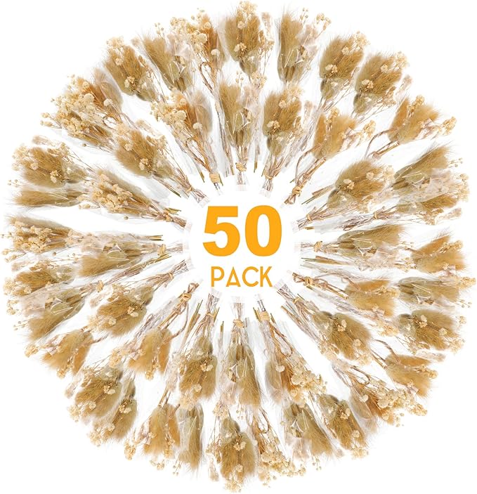 50 Pcs Mini Dried Baby's Breath Flowers Gypsophila Bouquets Natural Branches Dog Tail Bunny Rabbit Tail Dried Bulk Flowers Plants for Vase Home Decoration Photo Props Parties Weddings DIY Craft