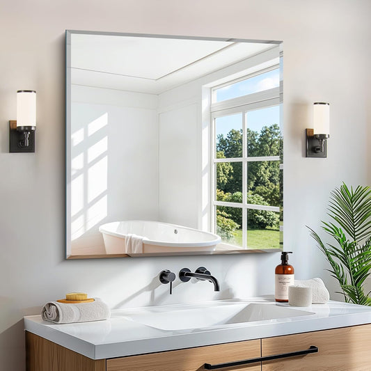 Beveled Mirror, 30x30 inch Square Bathroom Mirrors for Wall, Upgraded Shatterproof Frameless Vanity Mirror Over Sink with Beveled Edge for Bathroom,Bedroom,Living Room and Entryway