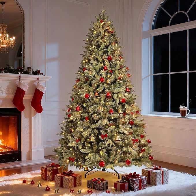 6.5 FT Pre-Lit Artificial Christmas Tree with 1706 PE&PVC Mixed Branch Tips, 450 Warm White Lights, Hinged Premium Spruce Fake Xmas Trees, Green, Foldable Base