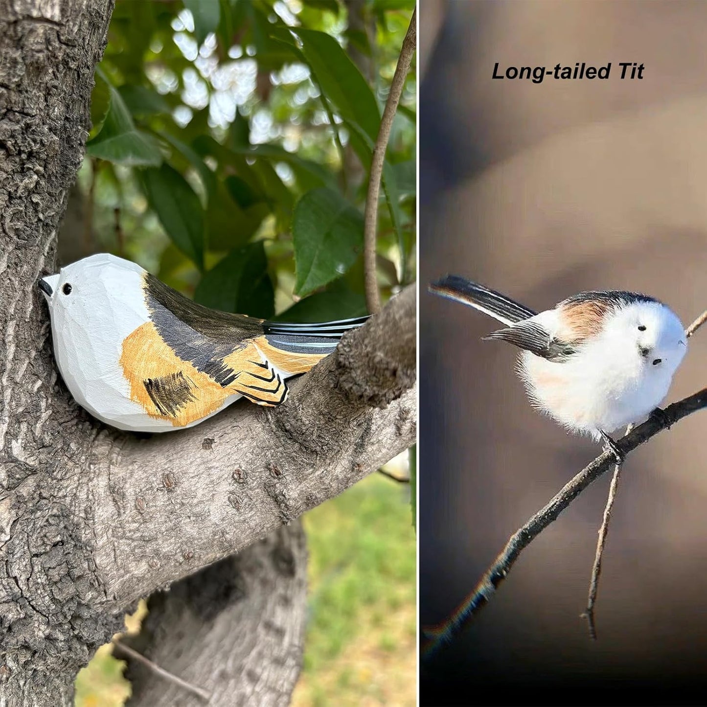 Hand Carved Bird Figurines, Hand-Painted Sculpted Wooden Birds, Wood Bird Sculptures for Home Decoration, Hand Crafted Life Like Bird Statues, Ideal Gifts for Bird Lovers (Long-Tailed Tit)