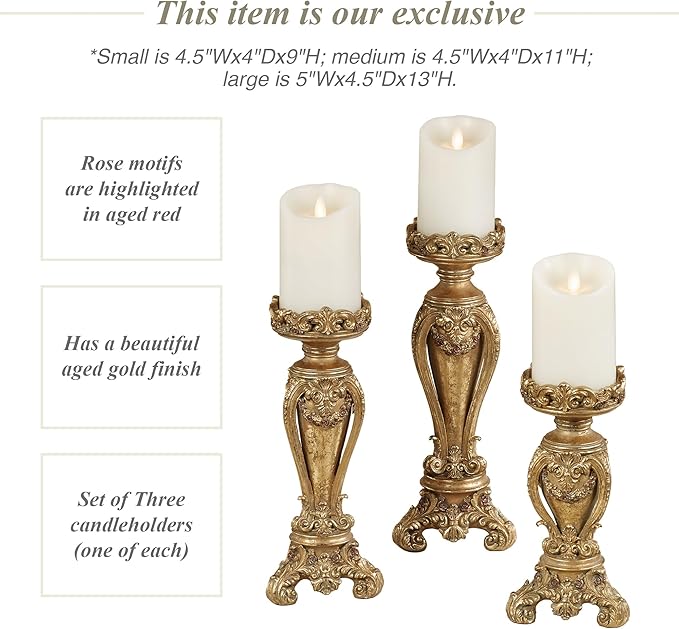 Touch of Class Angelique Ornate Candleholders Aged Gold Set of 3 - Victorian Style Table Candleholder for Dining Room, Mantel - Vintage Centerpiece Decor