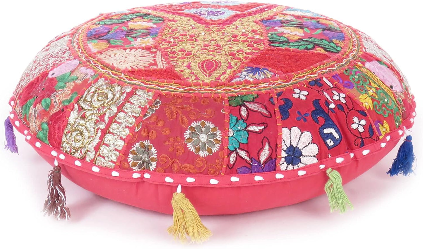 Eyes of India Round Floor Seating Meditation Patchwork Pillow Cushion Cover Colourful Decorative Throw Indian Bohemian Accent Boho Chic Handmade Cover Only (Red, 17" x 17")