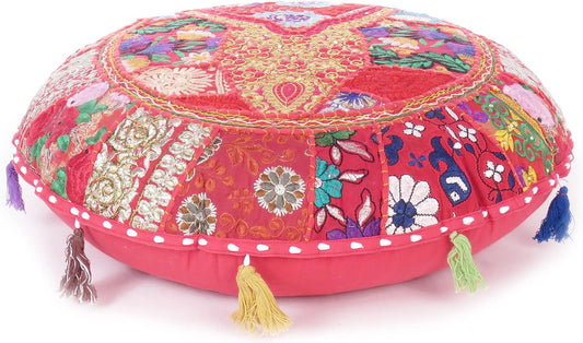 Eyes of India Round Floor Seating Meditation Patchwork Pillow Cushion Cover Colourful Decorative Throw Indian Bohemian Accent Boho Chic Handmade Cover Only (Red, 17" x 17")