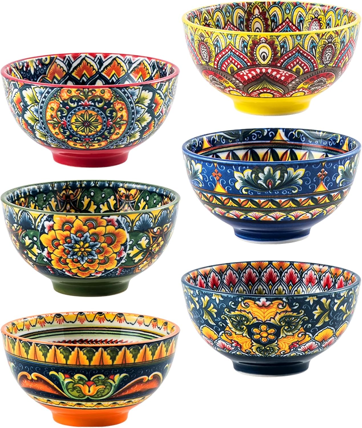Henten Home 6.5 oz Small Dessert Bowls, Porcelain Boho Snack Bowl Set of 6 - Ceramic Colorful Bowls for Salsa, Dipping, Sauce, Decorative, Microwave & Dishwasher Safe