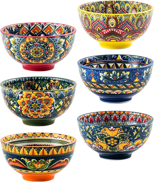 Henten Home 6.5 oz Small Dessert Bowls, Porcelain Boho Snack Bowl Set of 6 - Ceramic Colorful Bowls for Salsa, Dipping, Sauce, Decorative, Microwave & Dishwasher Safe