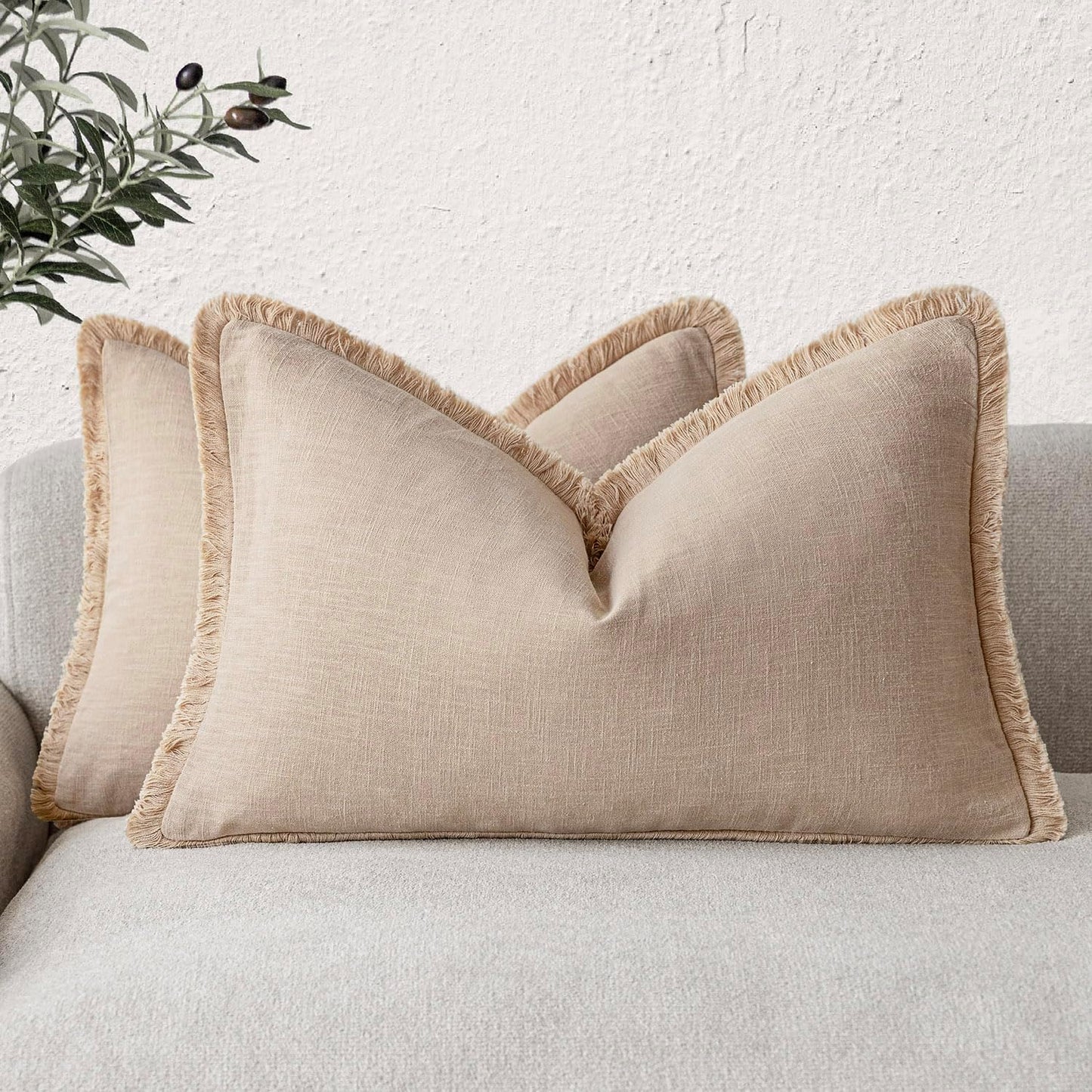 Foindtower Set of 2 Decorative Linen Fringe Lumbar Throw Pillow Covers Boho Farmhouse Cushion Cover with Tassels Soft Accent Pillowcase for Couch Sofa Bed Living Room Home Decor,12×20 Inch,Tan Beige