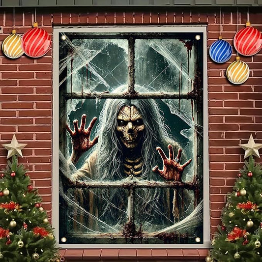 Window Cover Halloween 47x31 Inch Scary Skeleton Ghost Bloody Handprint Banner Creepy Horror Window Decoration for Haunted House Indoor Outdoor Poster Porch Decor