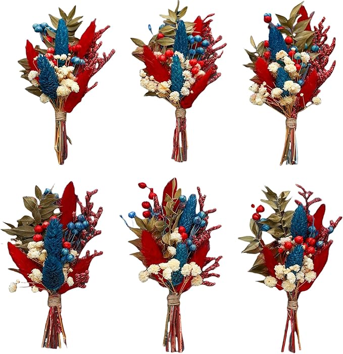xin's convey Mini Dried Flower Bouquet 6 Piece Set, Burgundy Party Favours, Party Plate Decorations, Bridesmaids Flower Girl Proposal Boxes, Wall Decorations.(Blue + Burgundy)