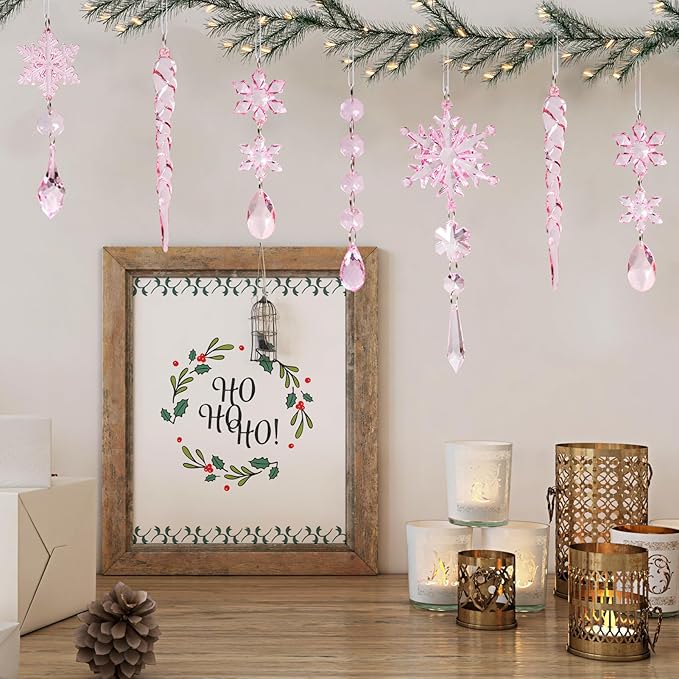 32pcs Crystal Christmas Ornaments for Christmas Tree Decorations-Pink Hanging Acrylic Snowflake and Icicle Ornaments with Drop Pendants for Xmas Winter Wonderland New Year Party Decorations Supplies