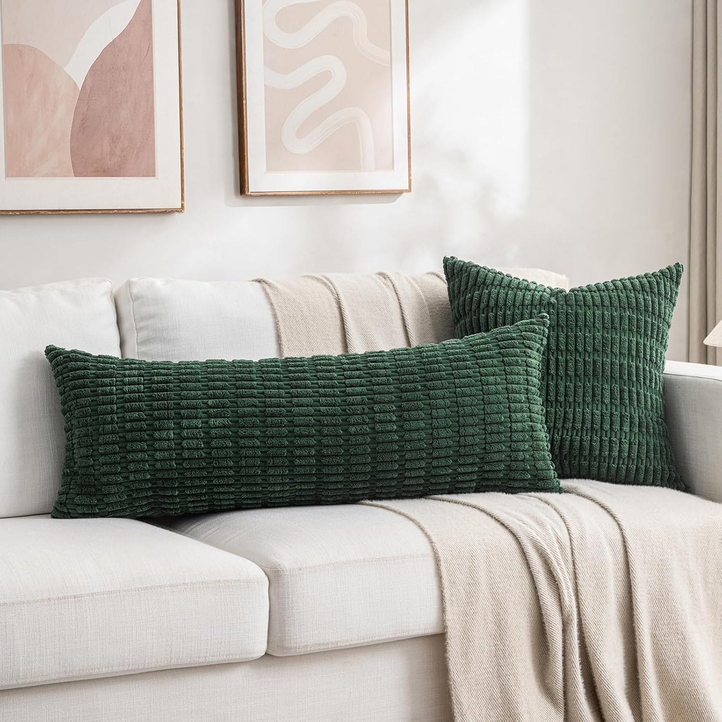 Fancy Homi 1 Pack Hunter Green Long Lumbar Body Decorative Throw Pillow Covers 14x36 Inch for Bed Couch Bedroom Bench, Soft Corduroy Rectangle Solid Forest Green Pillow Case 35x91 cm