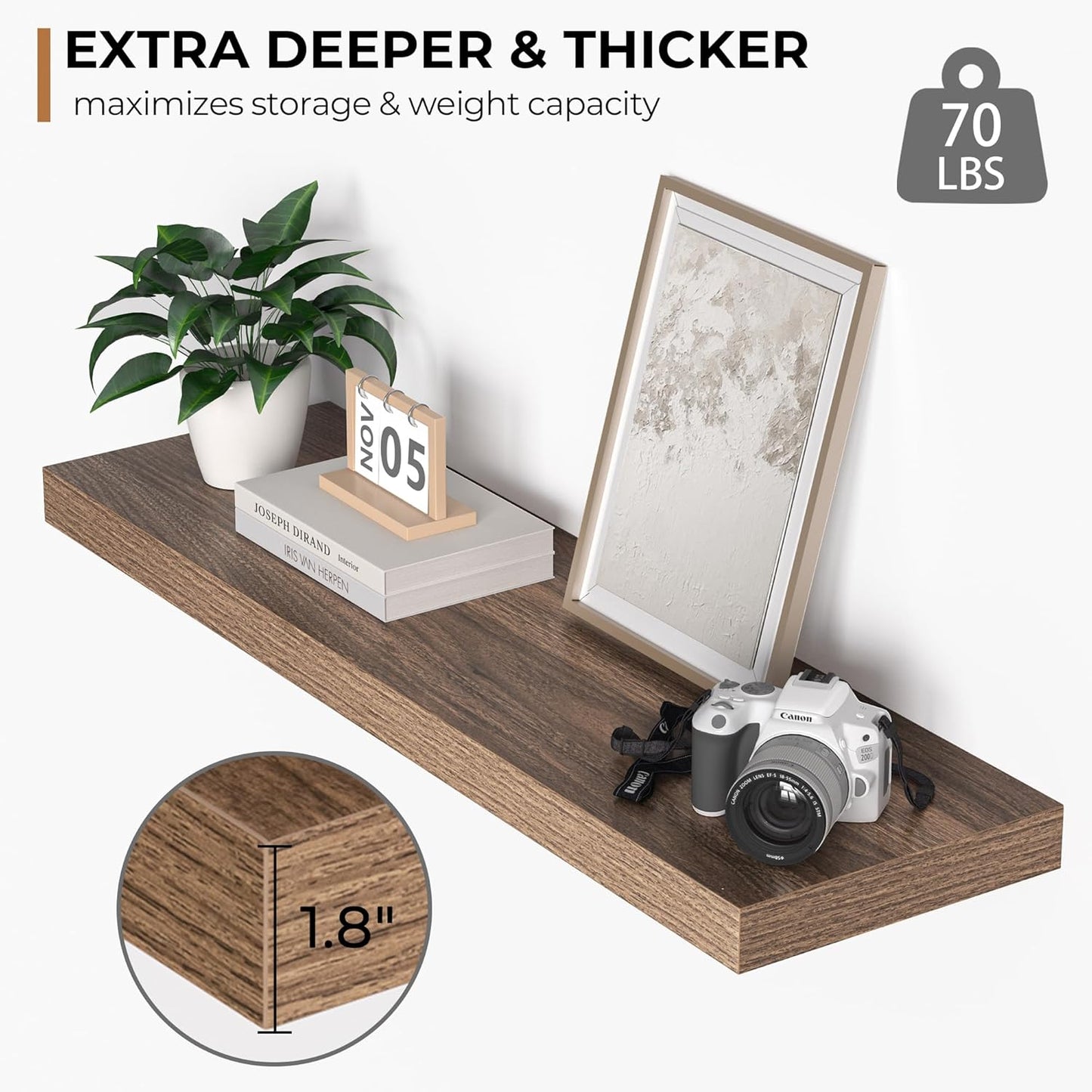 Fun Memories Floating Shelves - 10.3 Inch Deep Wall Shelf for Decor & Storage - Wall Mounted Display Shelving with Invisible Heavy-Duty Metal Bracket - 36"x 10.3"x 1.8" 1 Pack, Walnut