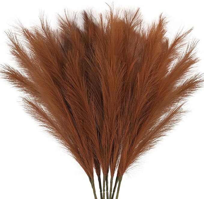 35" Faux Pampas Grass Decor, 8pcs Large Tall Fluffy Artificial Pompous Grass Branches Floral Fake Pompas Grass Bulrush Floor Vase Filler Flower Arrangement for Home Wedding Boho Decor, Brown