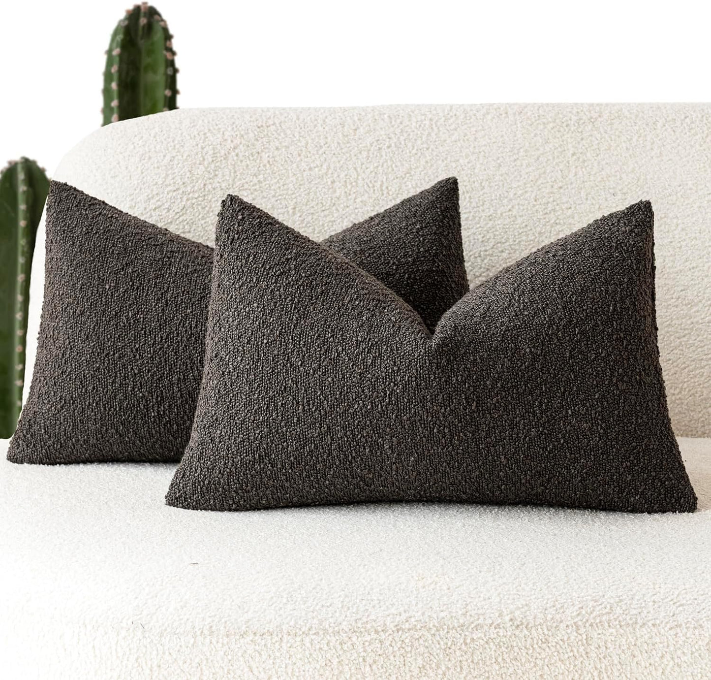 Foindtower Pack of 2 Textured Boucle Throw Pillow Covers Accent Solid Decorative Lumbar Pillow Cases Cozy Couch Cushion Case for Sofa Living Room Home Decor, 12 x 20 Inch,Dark Brown