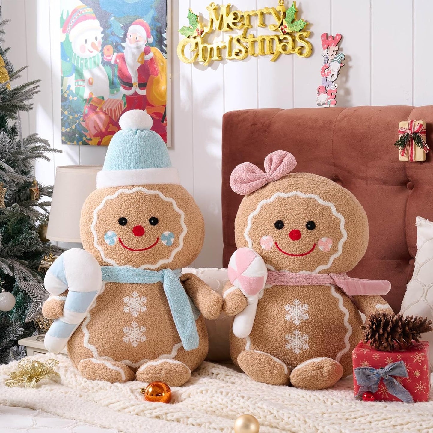 Lanpn Christmas Gingerbread Man Pillows Set of 2, Christmas Decoration Winter Throw Pillows Soft Fleece Sherpa Cute 3D Shaped Ginger Bread Man Girl Boy Throw Cushion for Sofa Bedroom Xmas Decor