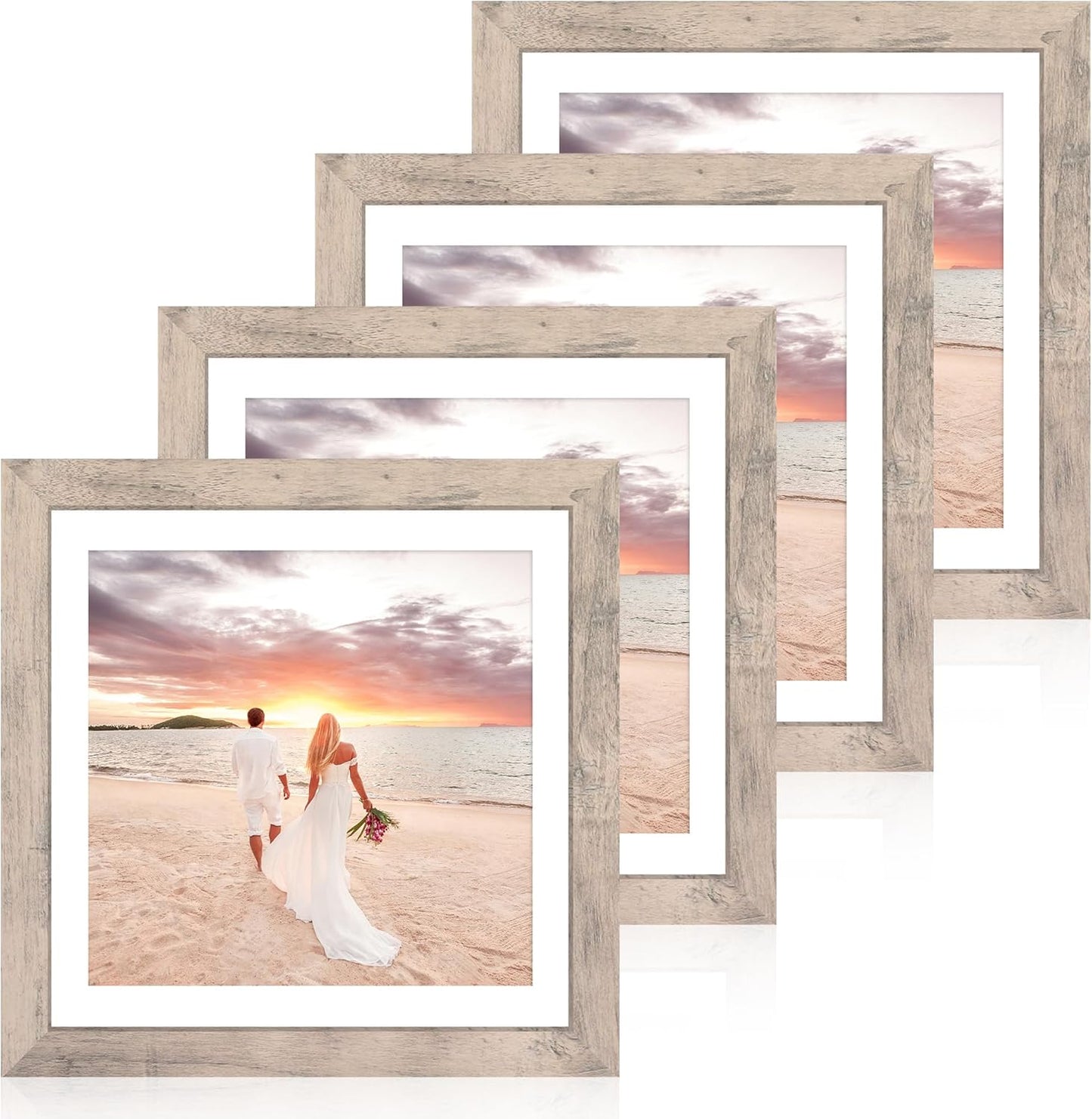 iRahmen 12x12 Picture Frame Set of 4 with Tempered Glass, Smoke Gray Frame Display 10x10 Picture with Mat or 12 x 12 Without Mat, Wood Square Photo Frames for Desktop Display and Wall Mounting