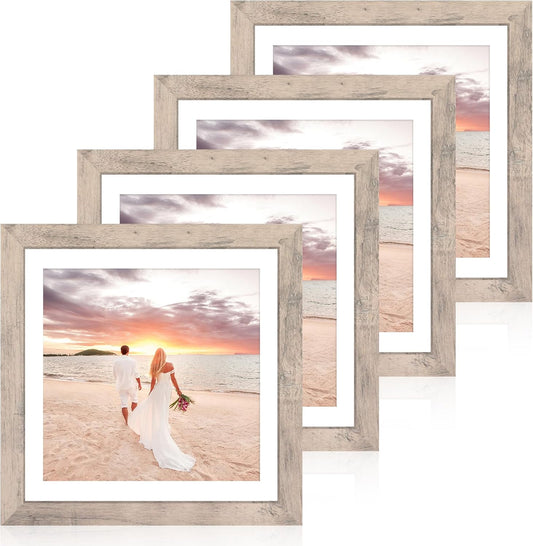 iRahmen 12x12 Picture Frame Set of 4 with Tempered Glass, Smoke Gray Frame Display 10x10 Picture with Mat or 12 x 12 Without Mat, Wood Square Photo Frames for Desktop Display and Wall Mounting