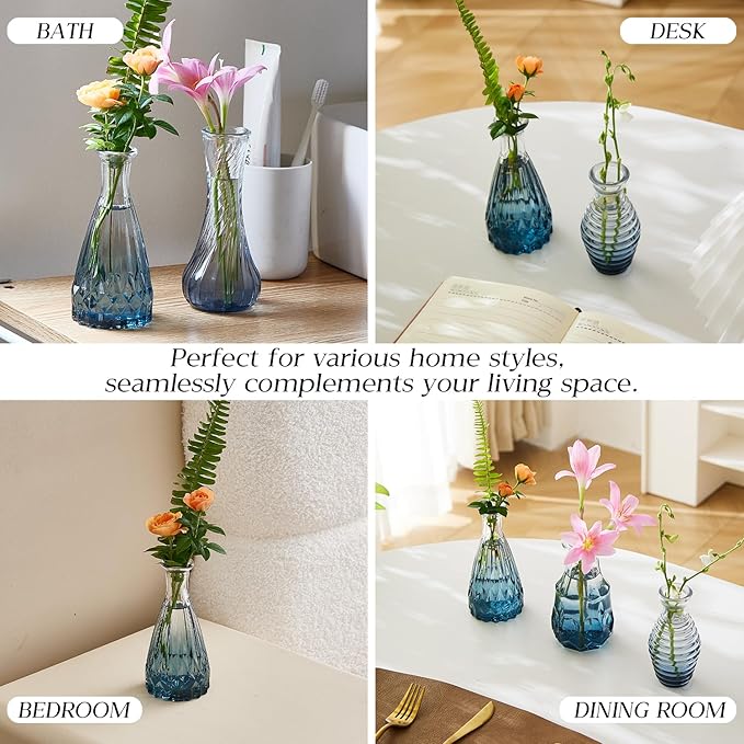 Glass Bud Vase Set of 30 - Small Vases for Flowers in Bulk - Assorted Vintage Crystal Vases for Flowers, Table Centerpieces (Blue, 30 Pcs)