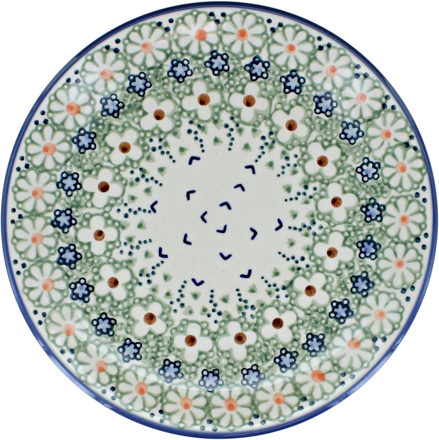 Blue Rose Polish Pottery - Green Daisy Dessert Plate - 7" Diameter - Beautiful Plate for Cake, Appetizers, or Snacks