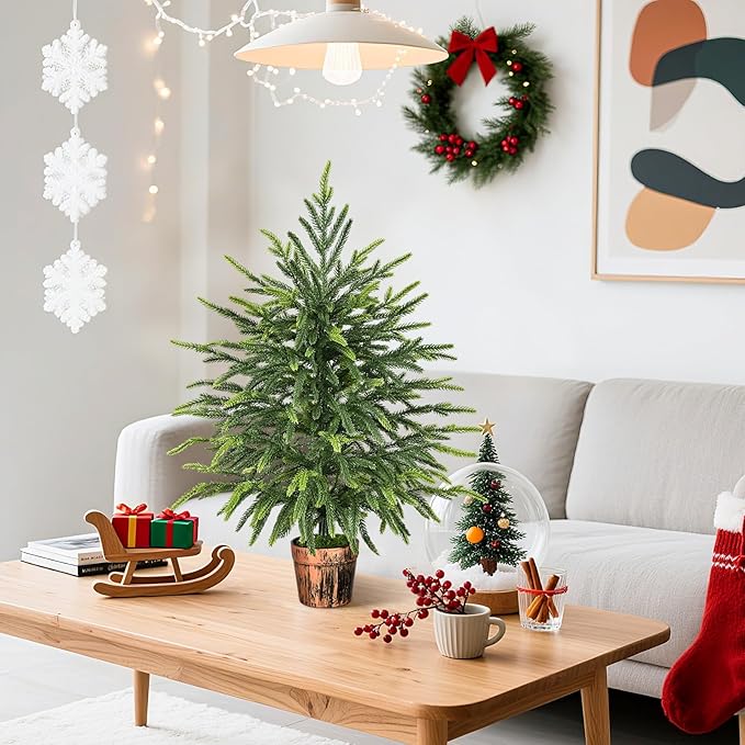 2FT Norfolk Pine Tree with Lights - Tabletop Christmas Tree with Pot, Real Touch PE Branch Tips for Front Porch, Kitchens, Home Indoor Outdoor Xmas‌ Decor