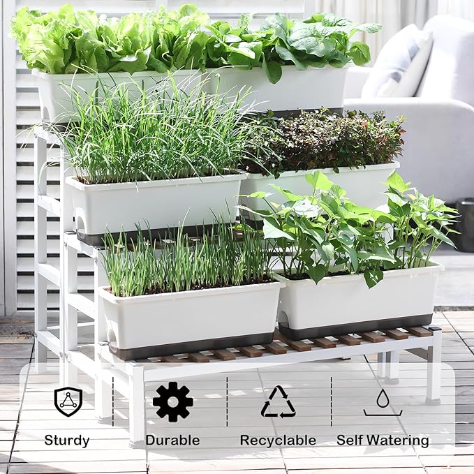 Window Box Planter 4 Packs, 17 Inches Rectangle Flower Pots with Drainage Holes & Trays, Pots for Vegetables, Herbs, Flowers, Garden Windowsill Balcony (White, 17 * 5.1 * 6 inch)