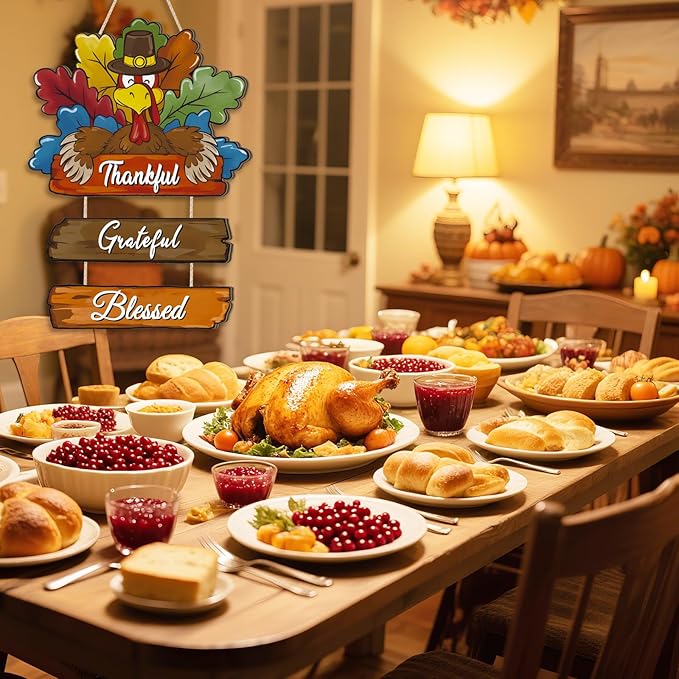 Thanksgiving Day Wood Door Hanger,Turcky Wall Sign,Fall Thankful Sign,Autumn Wooden Sign,Grateful for Harvest Wall Plaque,Thanksgiving Turkey Door Decorations for Home Porch Indoor Outdoor Party