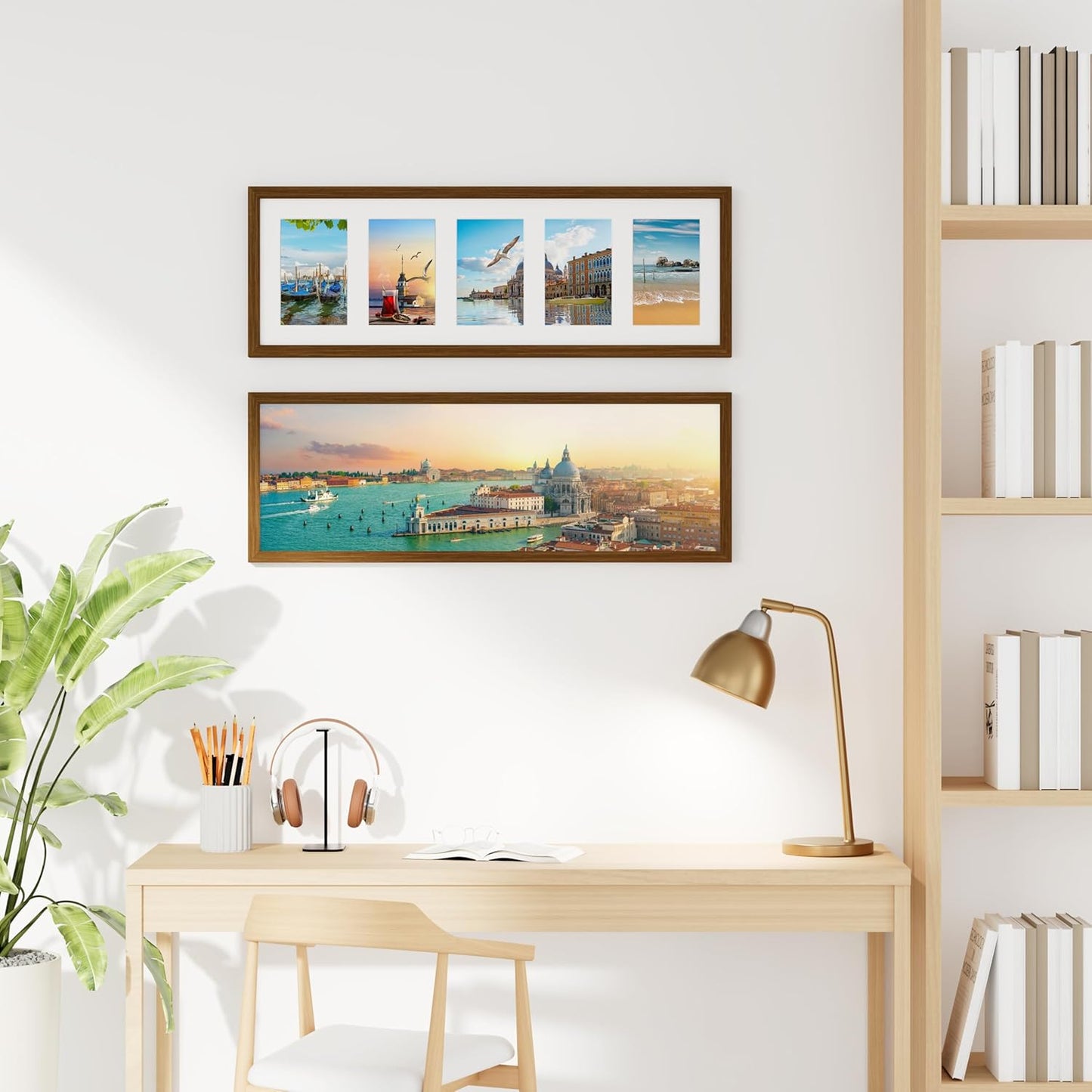 decorUhome 8x24 Picture Frames Collage Wall Decor, Display 5Pcs 4x6 Photos with Mat or 1Pcs 8x24 Unmatted, 5 4x6 Collage Picture Frames for Wall Mounting, Brown