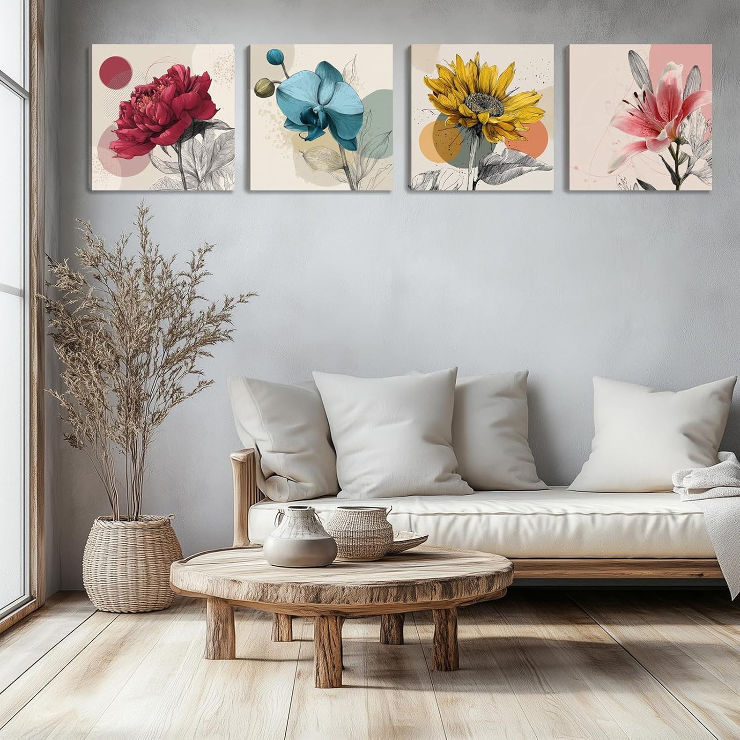 Framed Botanical Wall Art for Living Room Rustic Boho Floral Canvas Paintings Prints Flower Pictures for Farmhouse Hallway Bedroom Dining Room Bathroom Office Wall Decor ArtWork for Wall