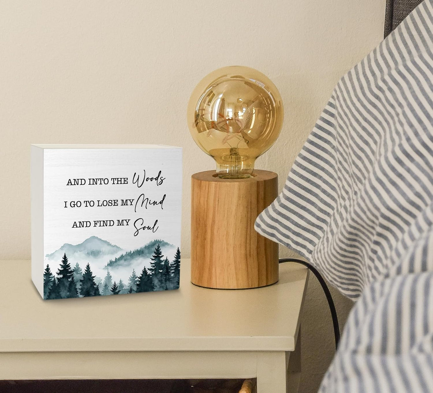 Ku-Dayi Camping Wooden Box Sign, Nature Mountain Wood Box Decorations for Home Office, Camper Accessories, Forest Into the Woods I Go to Lose My Mind Wooden Block Plaque Desk Shelf Decor 5x5 Inch